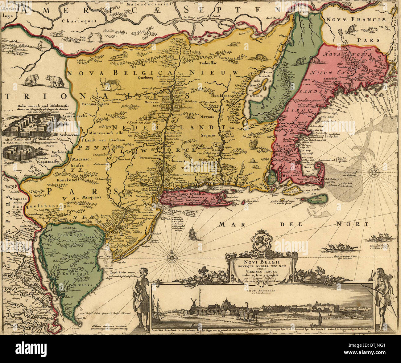 17. Jahrhundert-Karte des Landes, das neu-England, New Jersey und New York wurde. Karte enthält einen Ausblick auf New Amsterdam, später New York City, im Jahre 1685, als es unter niederländischer Kontrolle war. Links ist eine Irokesen Siedlung mit Langhäusern. Stockfoto