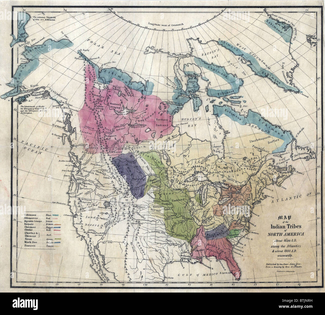 1836-Karte der Indianerstämme Nordamerikas, etwa 1600 n. Chr. entlang der Atlantikküste und ca. 1800 n. Chr. in den westlichen Gebieten. Stockfoto