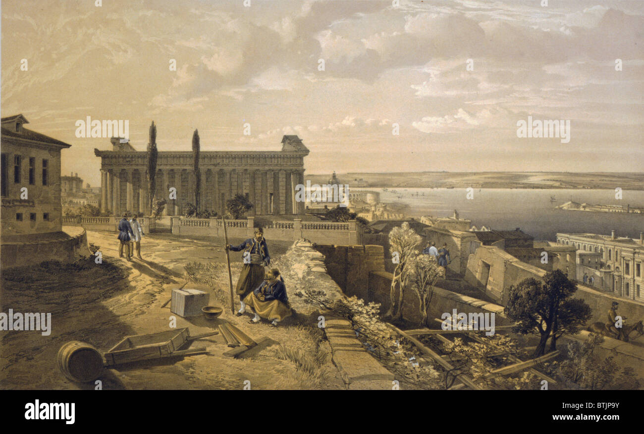 Religion, der Church of Saint Peter & Saint Paul, Sewastopol, in Ruinen, nachdem die Russen die Stadt verlassen, französische und britische Truppen im September 1855, Lithographie Hand gefärbt von William Simpson, 1856. Stockfoto