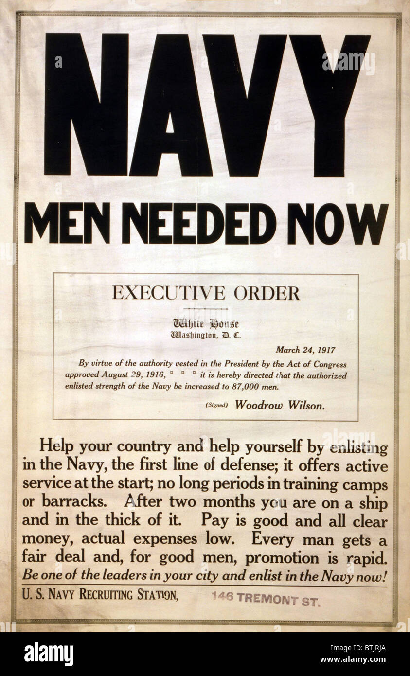 1917-Rekrutierung-Plakat für die US Navy. Nach Wilsons April 1917 Eintritt in WWI wurden 4 Millionen Männer zum Militär eingezogen. Stockfoto