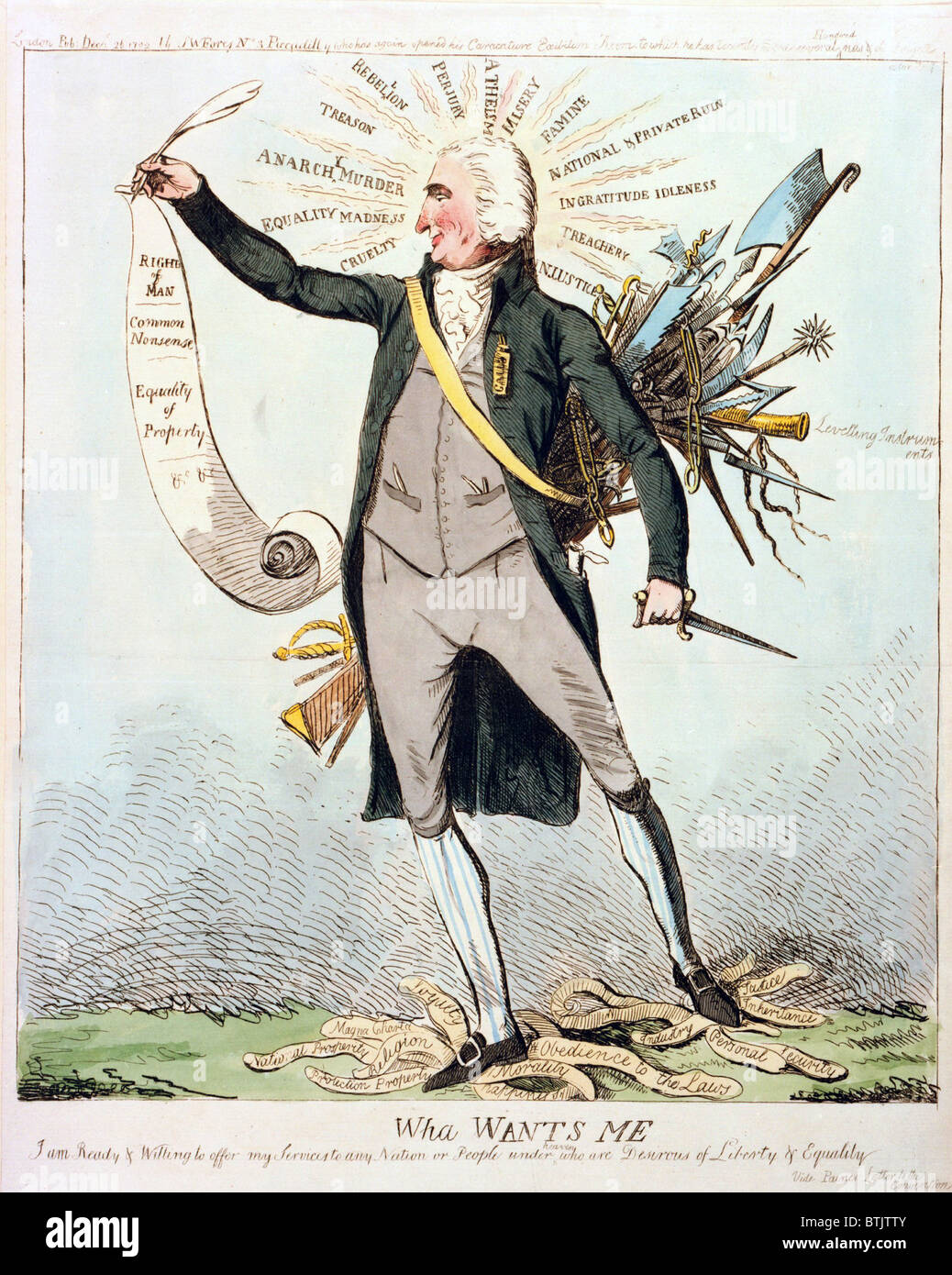 Paines (1737-1809) Unterstützung der französischen Revolution ist satirized in einem 1792 britischen Cartoon. Paine ist gezeigt Scroll "Rechte des Menschen", umgeben von Ungerechtigkeiten, wie er die französische Radikale verteidigt. Stockfoto