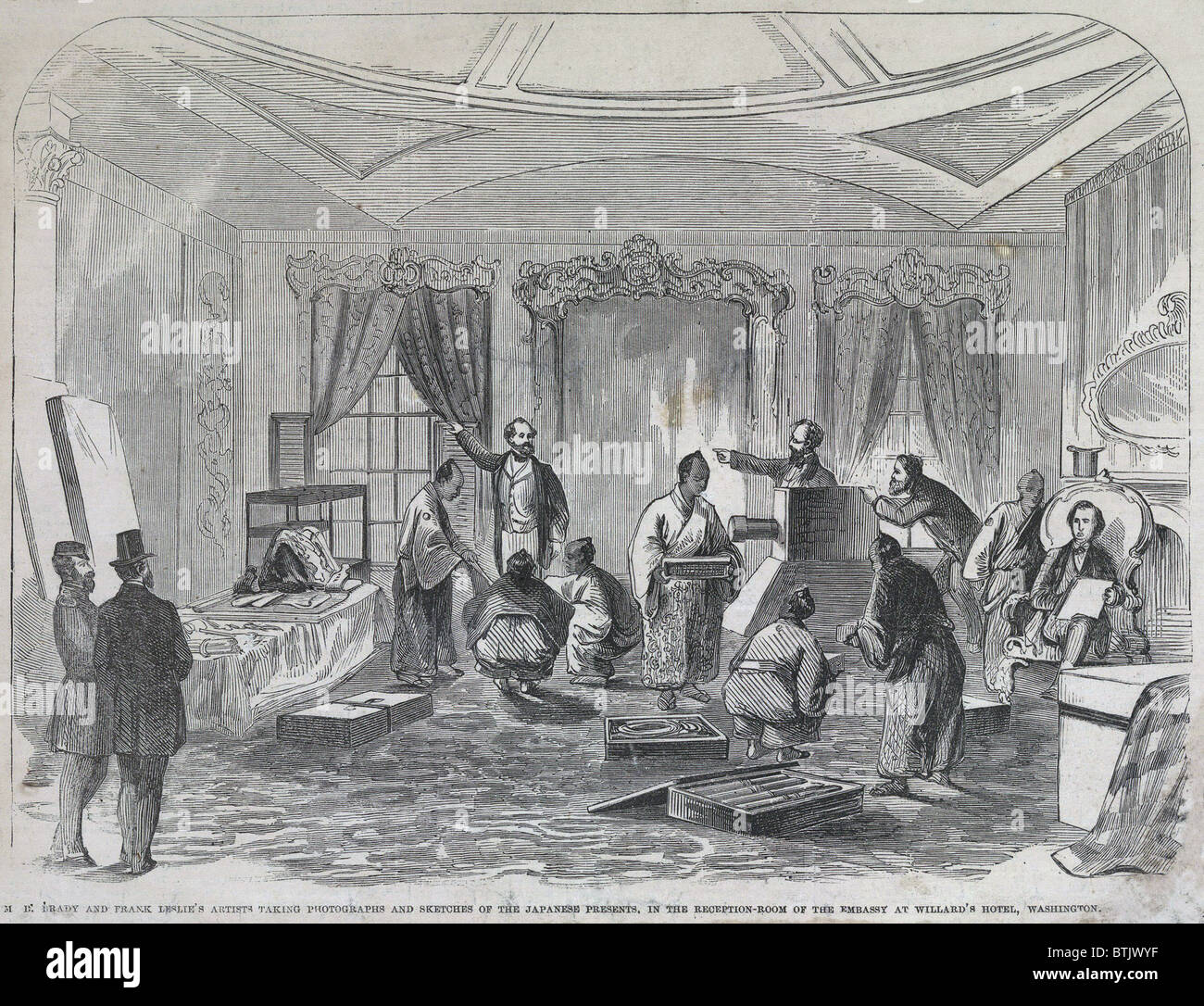 Frühe Fotojournalismus im Jahre 1860. Mathew Brady (1823-1896) Fotos, während Künstler Skizzieren Sie japanische Diplomaten im Willard Hotel, Washington, DC. Stockfoto