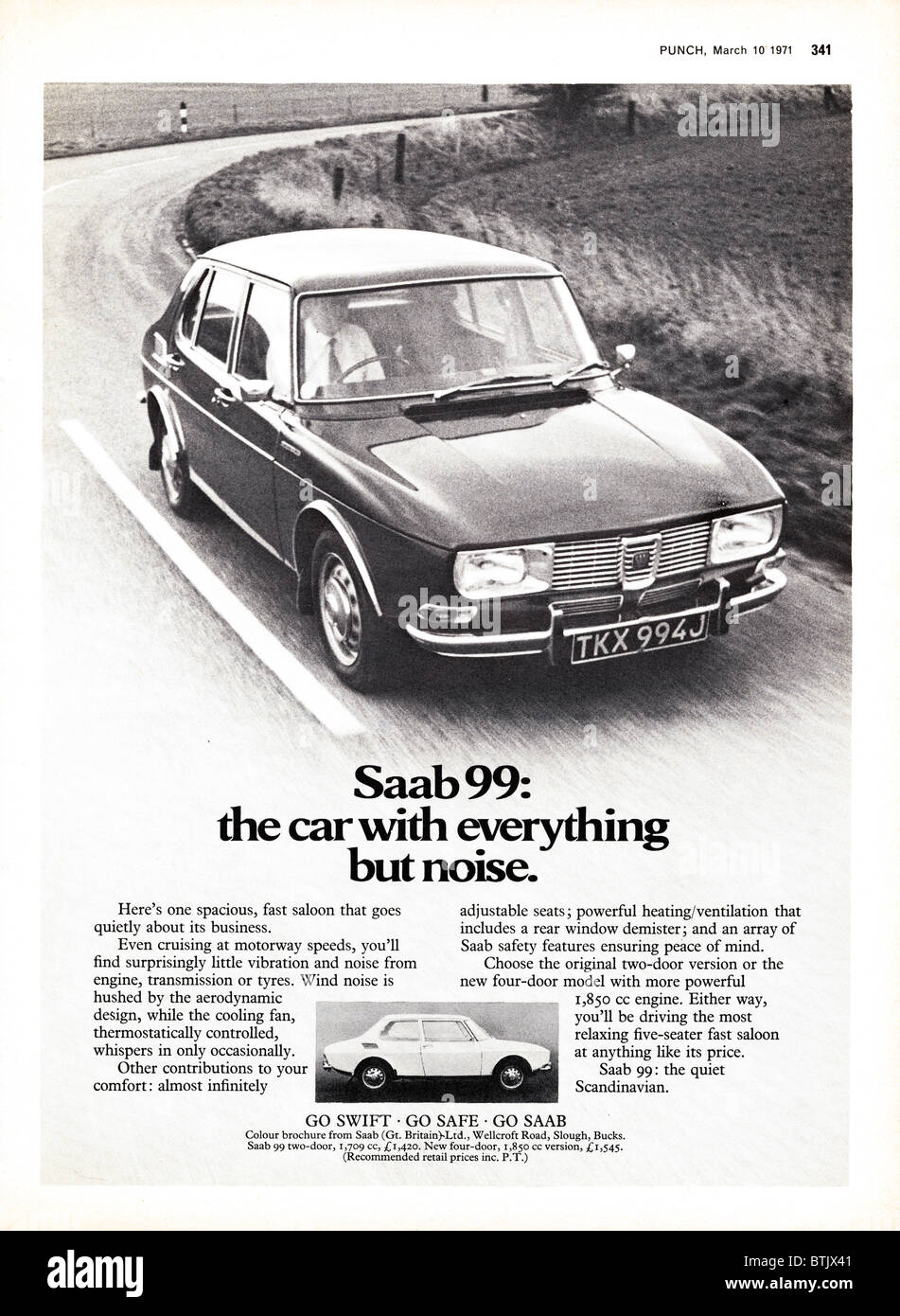 Neuwagenwerbung für Saab 99 im Magazin um 1971 Stockfoto