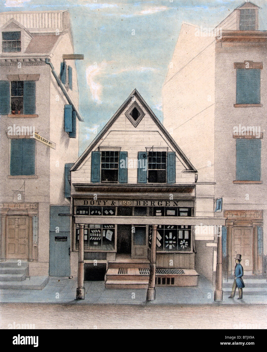 New York City. Außenansicht des Hauses Rigging, 120 William Street, New York City, ein 17. Jahrhundert Gebäude, früher eine methodistische Kirche in den 1760er Jahren. Handkolorierten Lithographie, 1846 Stockfoto