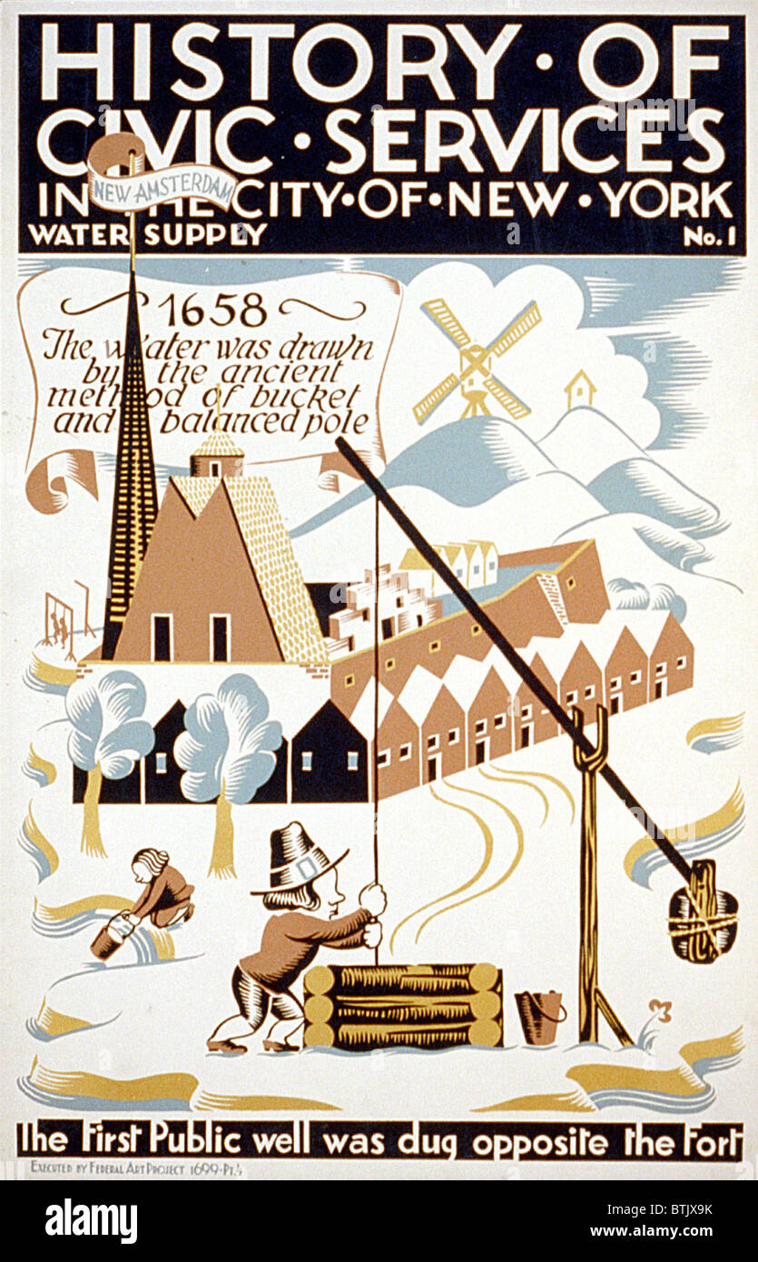 New York City. Plakat für Federal Art Project, zeigt Wasser aus einem Brunnen außerhalb einer Festung in New Amsterdam 1658 gezeichnet wird. Siebdruck, Vera Bock, Künstler, 1936 Stockfoto