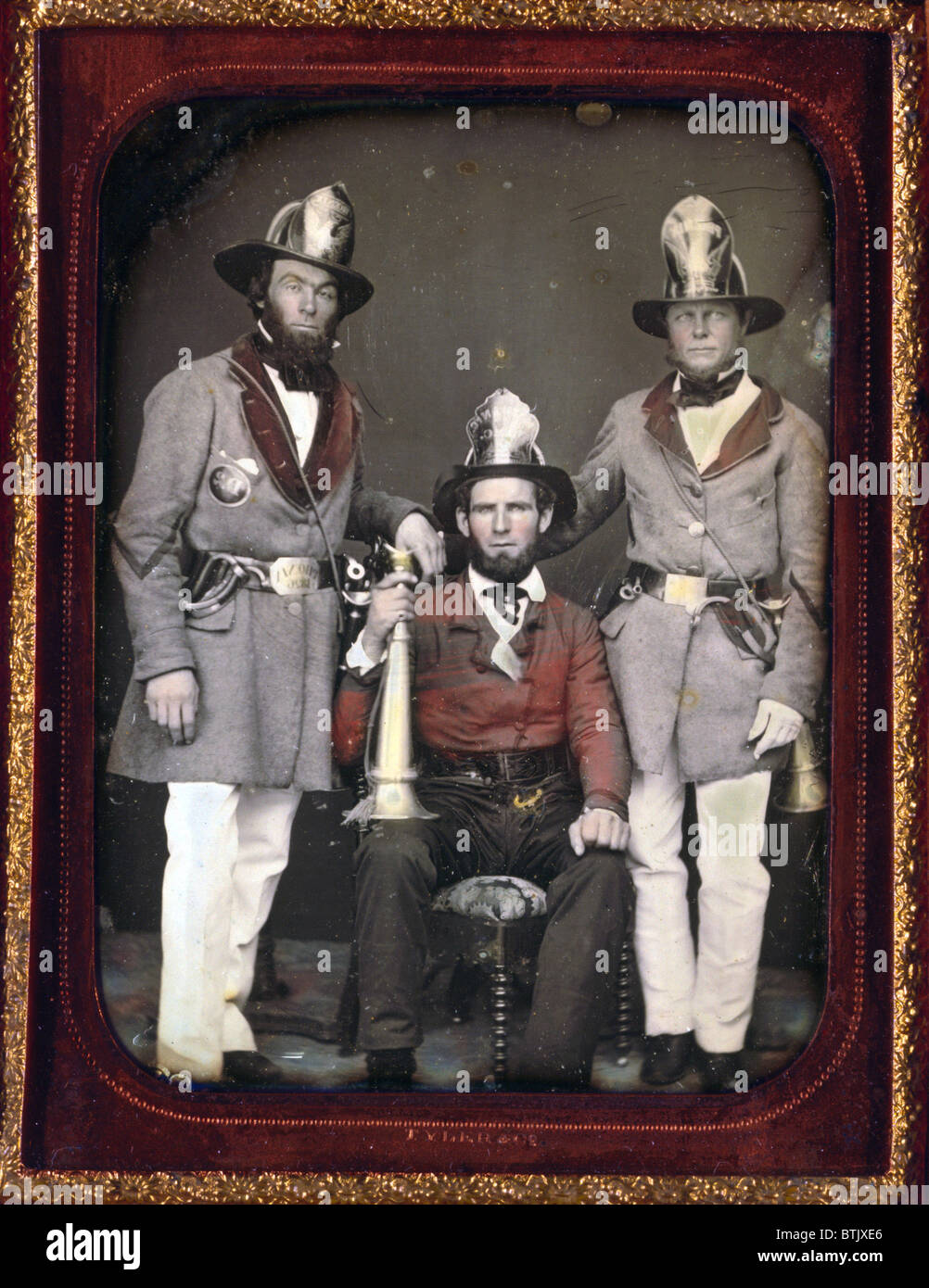 Feuerwehr, Vorarbeiter, Phoenix Fire Company und Mechaniker Fire Company, Charleston, South Carolina, Hand gefärbt Viertel-Platte Daguerreotypie, 1855. Stockfoto