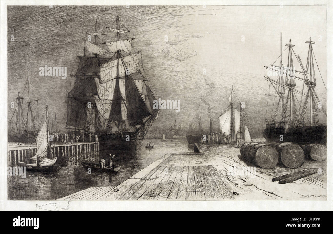 Rückkehr der Walfänger, Radierung mit Schiffen und Dock, circa Ende 1800 s. Stockfoto