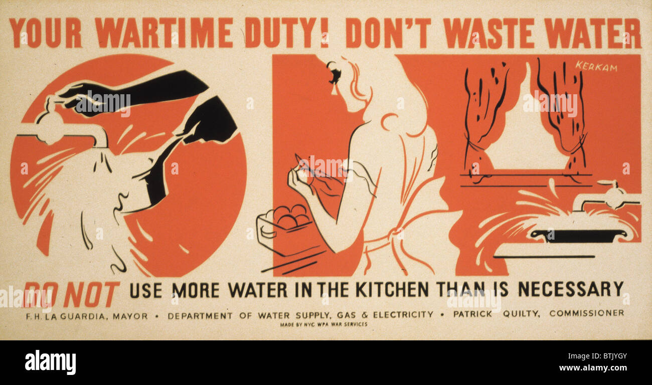 Zweiter Weltkrieg, Plakat für eine New Yorker Kampagne, Wasser zu sparen zeigt eine Frau eine Pfanne Reinigung und Zubereitung von Speisen. Plakat von Earl Kerkam, ca. 1941-1943. Stockfoto