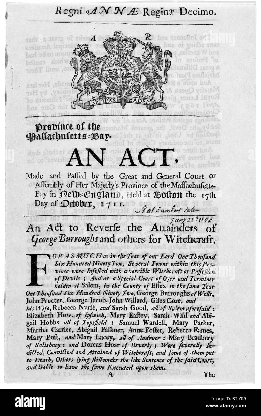 Salem Witch Trials. Ein Akt, der Attainders von u.a. George Burroughs Hexerei rückgängig zu machen. Boston, Massachusetts Gesetzgebung im Jahre 1711 wieder hergestellt, die Rechte und gute Namen derer, die angeklagt worden war. 1713. Stockfoto