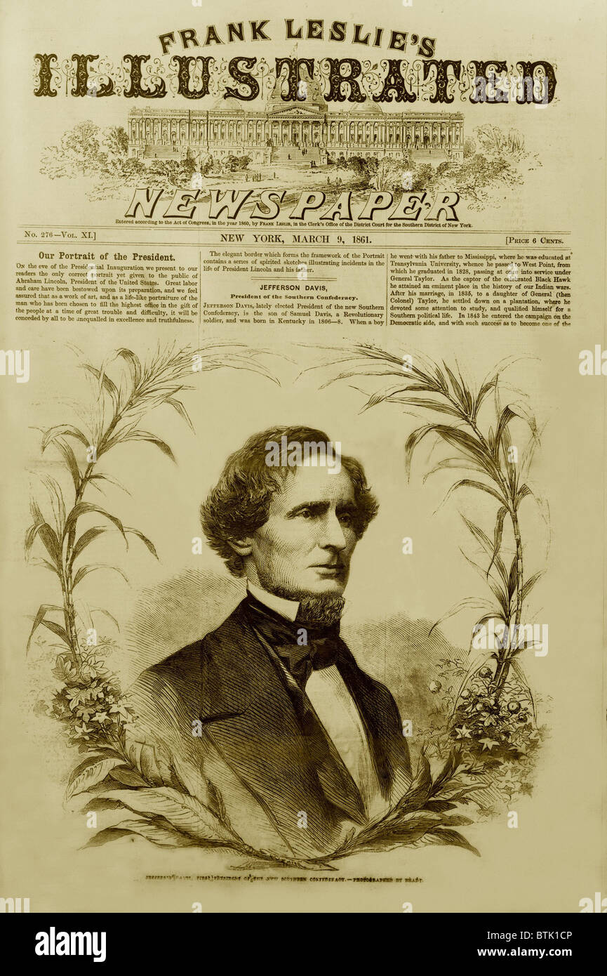 Jefferson Davis (1808 – 1889), erster Präsident der neuen südlichen Konföderation auf Front-Seite von Leslie's Illustrierte Zeitung, 9. März 1861. Südliche Sezession war noch als ein politisches Ereignis behandelt, und die Gewalt für vier Jahre des Bürgerkrieges zu folgen war noch nicht vorstellbar. Stockfoto