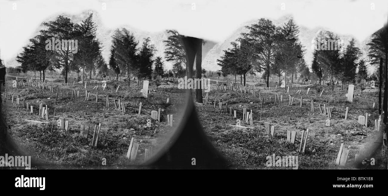 Der Bürgerkrieg, Gräber von konföderierten Soldaten auf dem Hollywood Cemetery mit Board Markern, Richmond, Virginia, Stereo-Fotografie, Stockfoto