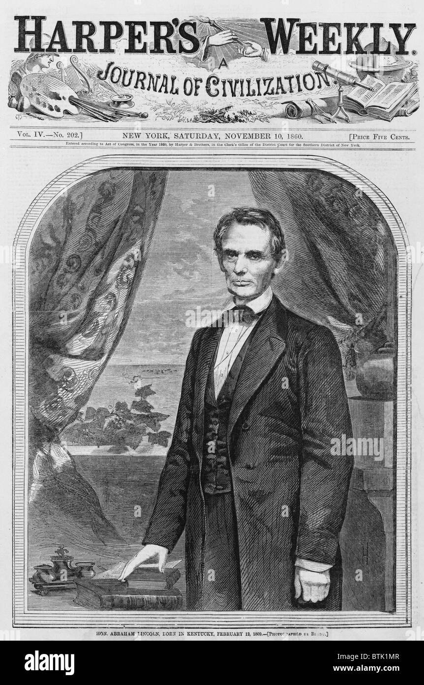 Abraham Lincoln (1809-1856), President-elect, auf der Titelseite von Harpers Weekly Zeitung nach seiner Wahl November 1860 zum Präsidenten. Innerhalb von drei Monaten bildeten sieben Südstaaten die Konföderierten Staaten von Amerika. Stockfoto