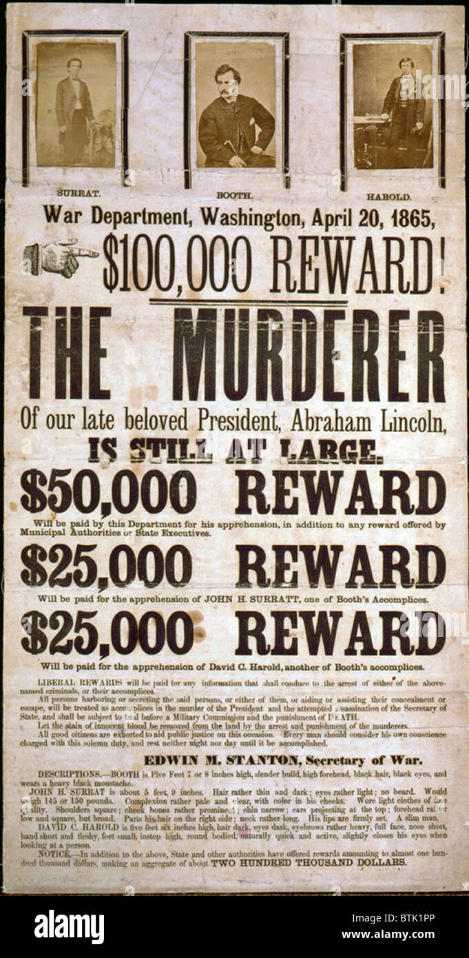 Plakat für die Mörder von Abraham Lincoln mit einem $100.000 Award wollte. Plakat zeigt Bilder von John Wilkes Booth, John H. Surratt und David E. Herold. Stockfoto