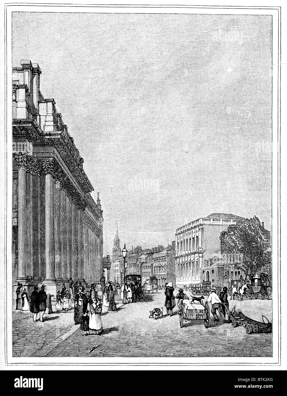 Whitehall ist eine Straße in Westminster in London, England um 1840. Stockfoto