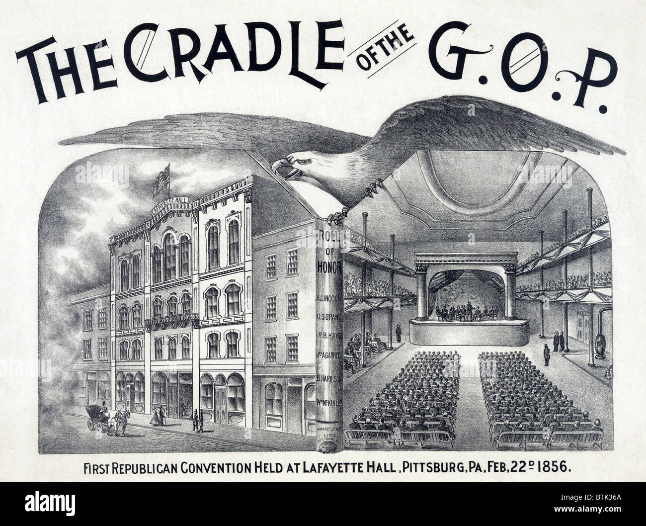 Lafayette Hall, Pittsburgh, PA, wo der neu gegründeten Republikanischen Partei seine erste Versammlung im Februar 1856 statt. Die republikanische Partei brachte die Anti-Sklaverei-Elemente der Whig-Partei sowie mehrere anti-Immigrant nativistischen und Mäßigkeit Parteien gegen die pro-Sklaverei demokratische Partei. Stockfoto