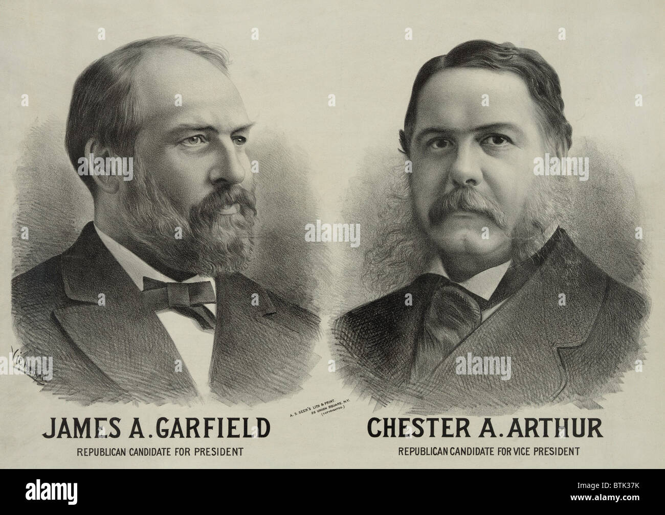 1880 republikanischen Wahlplakat mit Porträts von James A. Garfield, republikanischer Kandidat für das Präsidentenamt und Chester A. Arthur für Vizepräsidenten. Stockfoto