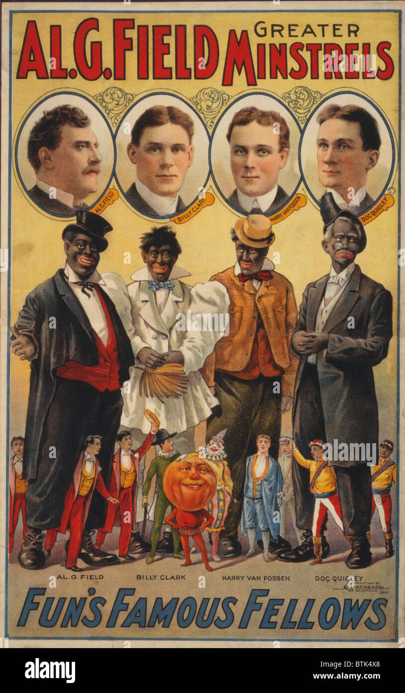 Weiße Schauspieler Gesichter erscheinen mit ihren Blackface-Zeichen in diesem 1907 Minstrel-Show-Poster. Minnesängererscheinen angeeignet afroamerikanischen Musik, aber schwarze bilden die Besetzung und für weiße Publikum durchgeführt. Stockfoto