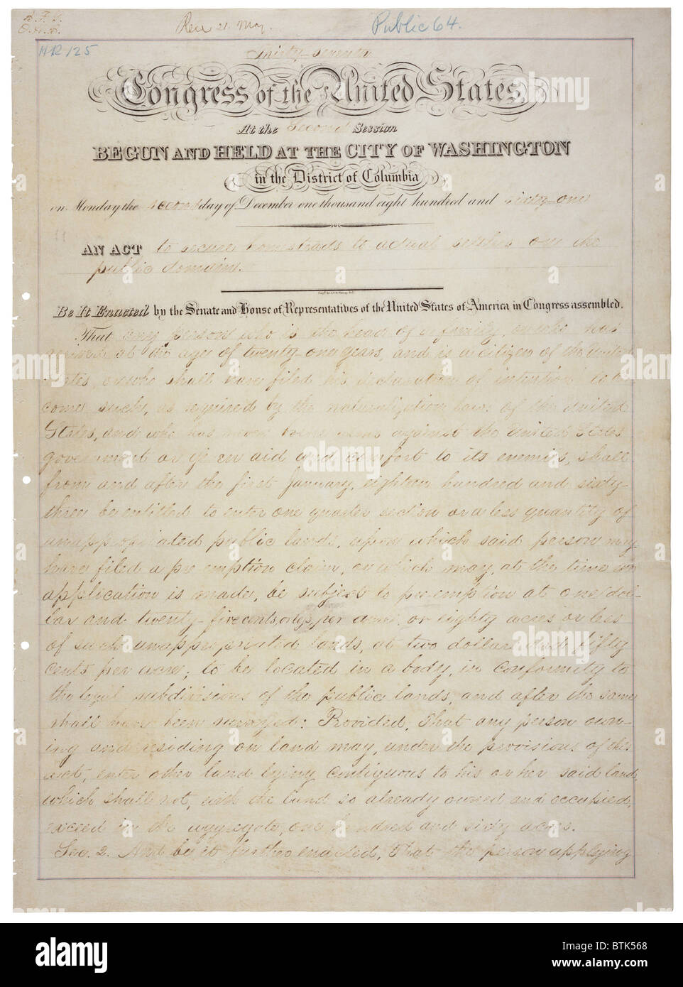 Homestead Act. Ein Vereinigte Staaten Bundesgesetz, das gab ein Antragsteller Freehold Titel auf 160 Hektar (ein Viertel Abschnitt oder etwa 65 Hektar)-640 Hektar (ein Abschnitt oder etwa 260 Hektar) von unbebauten Grundstücken außerhalb der ursprünglichen 13 Kolonien. Gesetz des Kongresses, 20. Mai 1862 Stockfoto