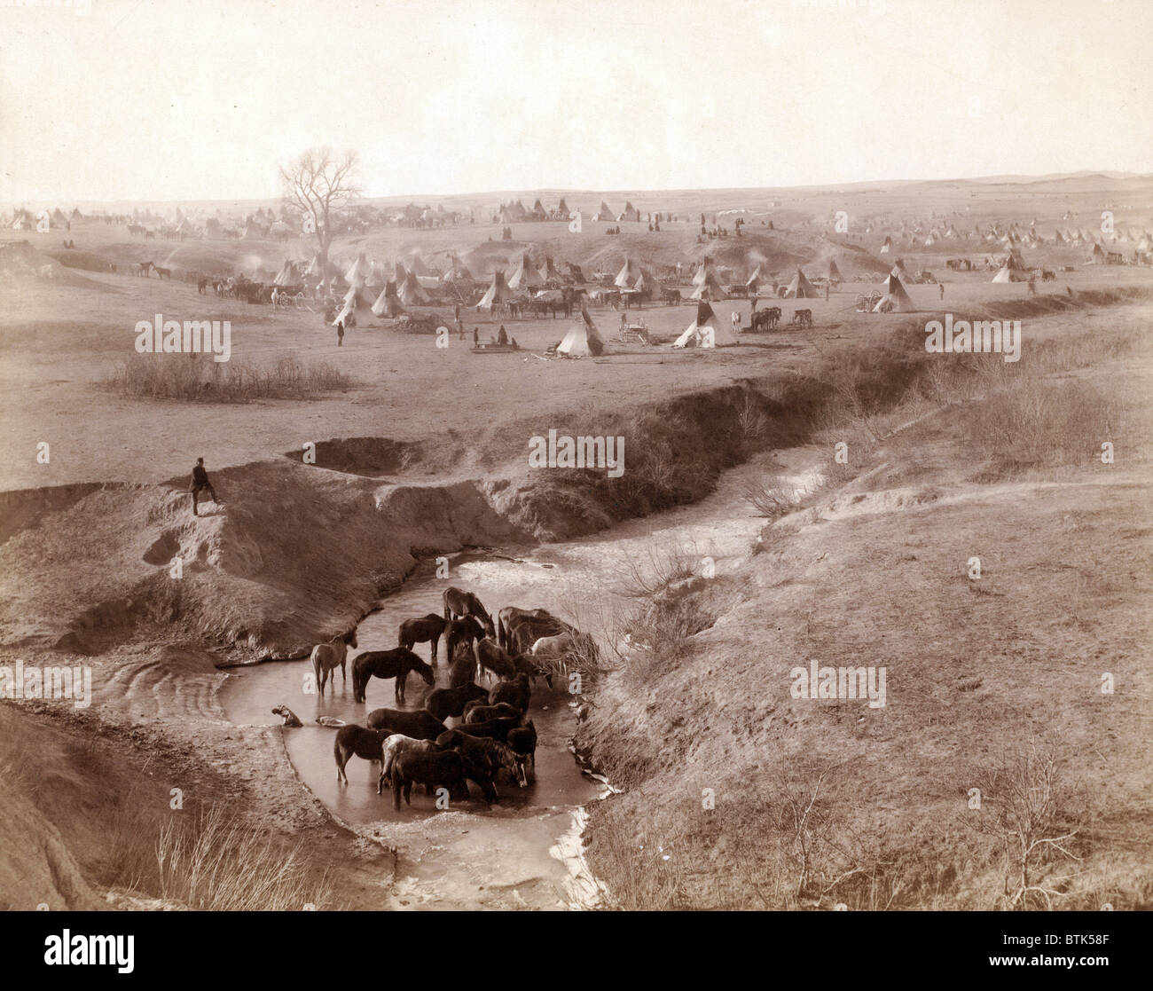 Villa von Brule. Ein Lakota-Sioux Tipicamp im Hintergrund; Pferde an White Clay Creek Wasserloch im Vordergrund. In der Nähe von Pine Ridge, South Dakota. Foto von John C. Grabill, 1891 Stockfoto