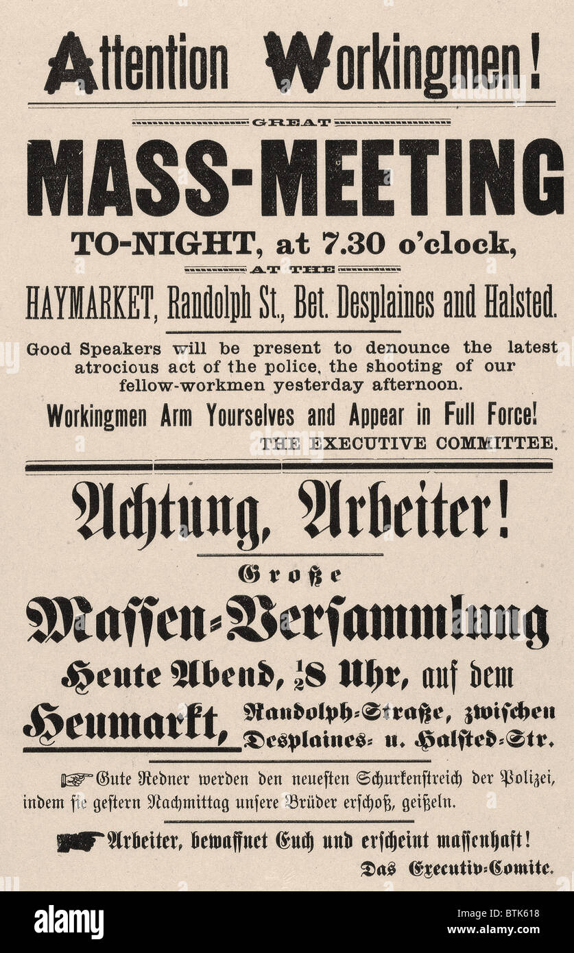 Haymarket Riot. Ein Flieger, ein Protest gegen die Chicago Polizei gefordert. Gedruckte Merkblatt, Chicago, Ill, 4. Mai 1886 Stockfoto