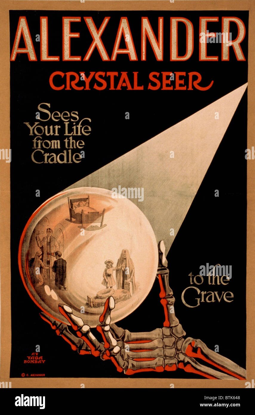 Plakat für magische Akt des Claude Alexander Conlin (1880-1954), behauptet Alexander, Kristall Seher sieht unser Leben von der Wiege bis zur Bahre. 1910-Plakat. Stockfoto