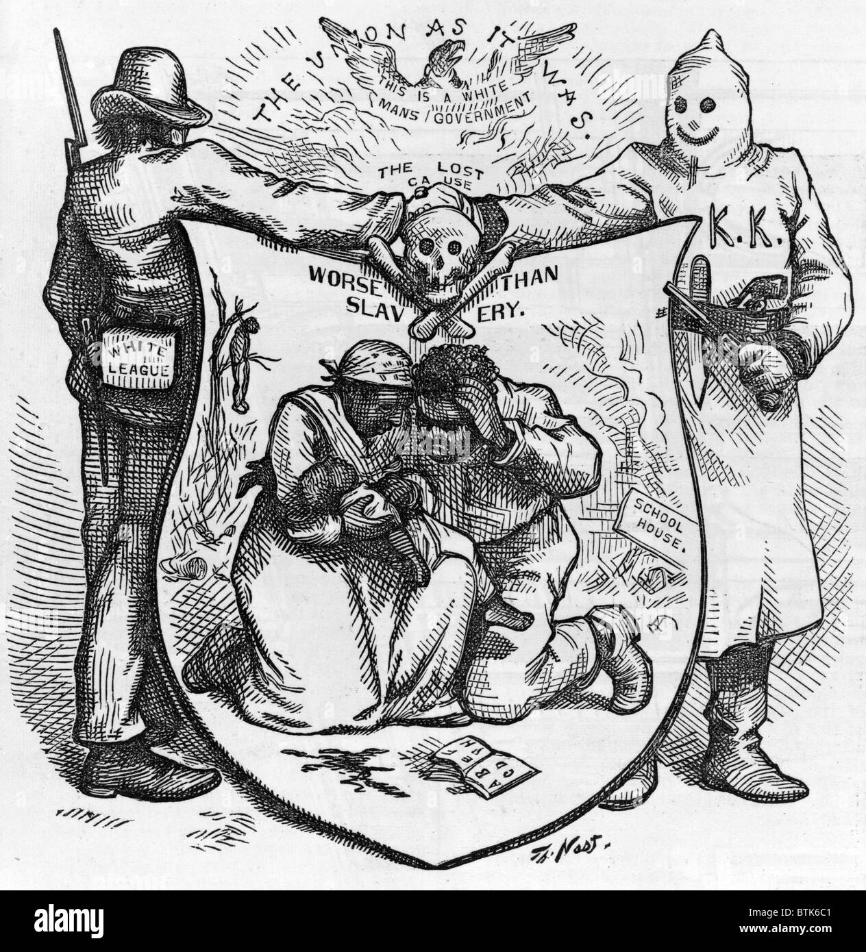 "Die Union als es war. Die verlorene Sache, schlimmer als die Sklaverei ". Die White-Liga und der Ku Klux Klan vereint. Karikatur von THomas Nast, 1874 Stockfoto