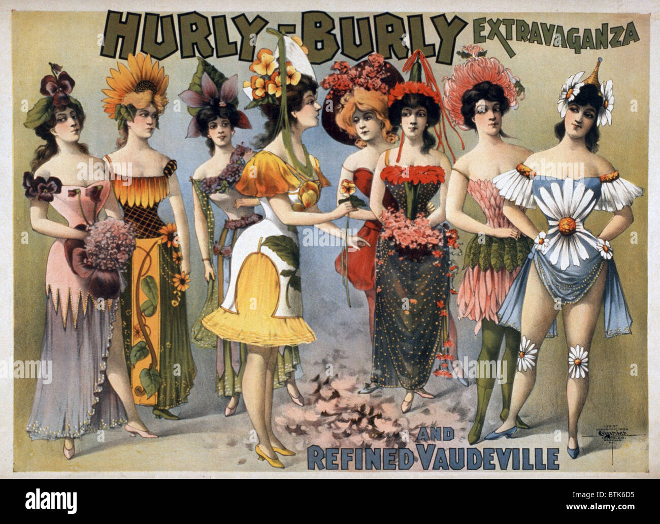 Plakat für den Trubel Extravaganza und verfeinert Vaudeville mit Chor Mädchen in fantasievolle Blume Kostüme. 1899. Stockfoto