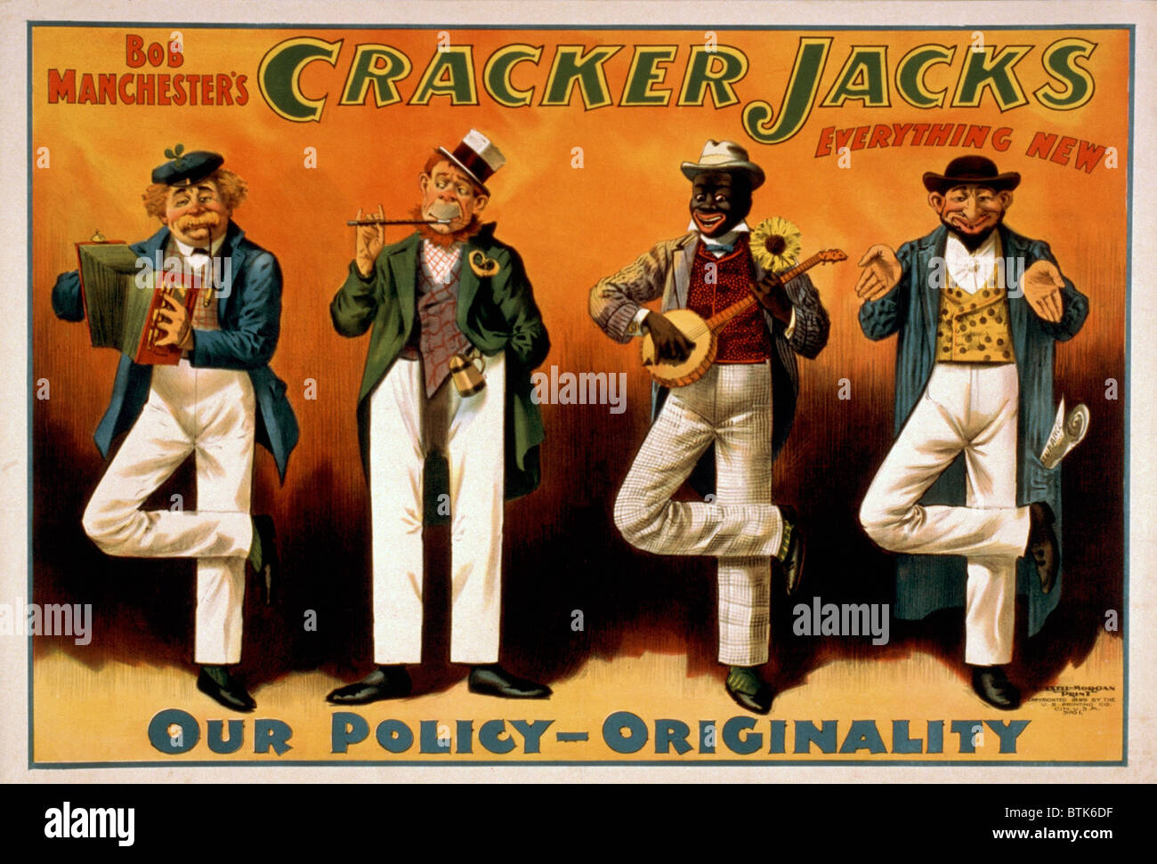 Plakat für die Bob Manchester "Cracker Jacks alles neue Varieté-Truppe." Dargestellten Akteure vertreten eindeutig verschiedene ethnische Gruppen, reflektiert das beliebte Publikum in Städten der USA während des späten 19. Jahrhunderts. 1899. Stockfoto