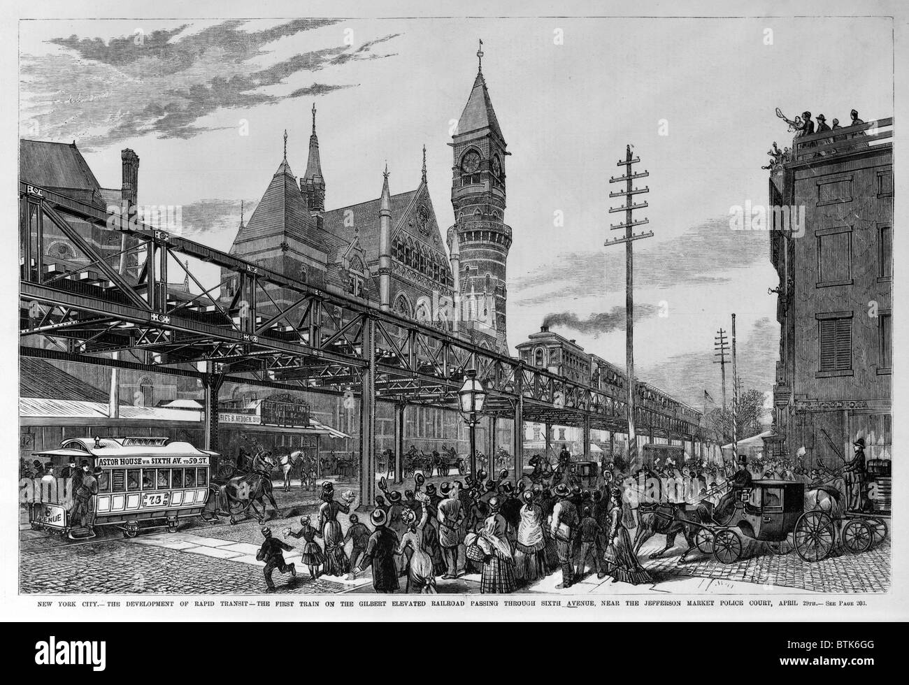 New York City. der erste Zug auf der Gilbert erhöhte Eisenbahn Sixth Avenue, in der Nähe von Jefferson Market Police Court auf der Durchreise. Holzschnitt, 29. April 1878 Stockfoto