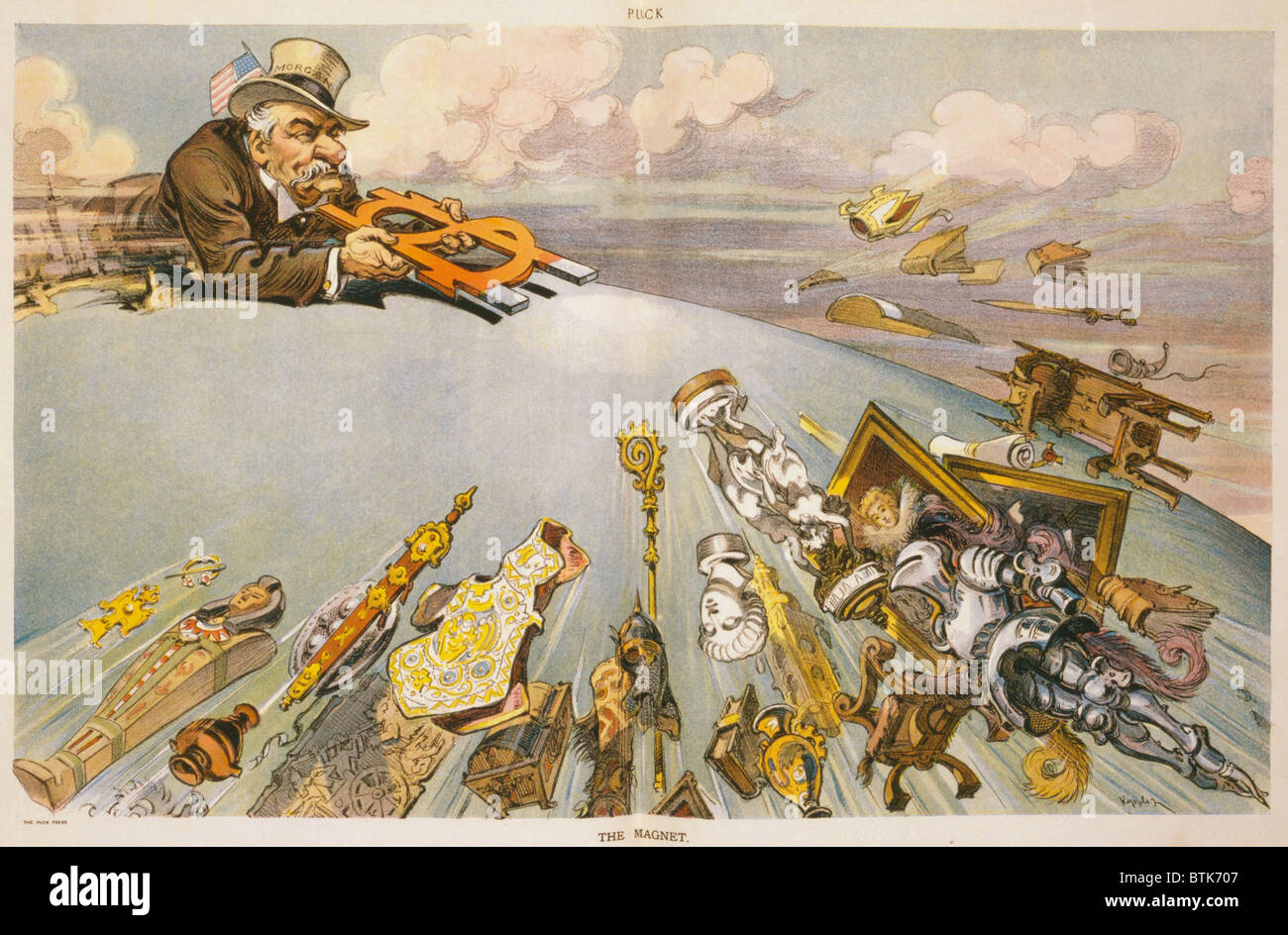 1911-Cartoon zeigt John Pierpont Morgan, eines der reichste Mann der Welt, mit einem großen Magneten in Form von Geld Zeichen, in der Malerei, Zeichnung passt Rüstungen und andere wertvolle Gegenstände aus Europa. Stockfoto