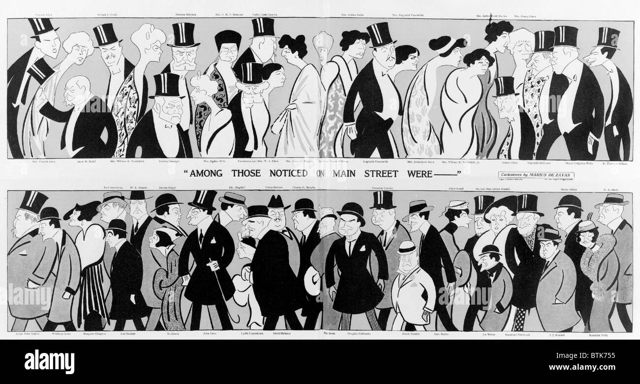 1915-Karikaturen des berühmten New Yorker von Marius de Zayas. Die oberste Zeile zeigt die wohlhabenden und sozialen hervor, während die Unterseite bietet Unterhaltung und literarischen Berühmtheiten. Stockfoto