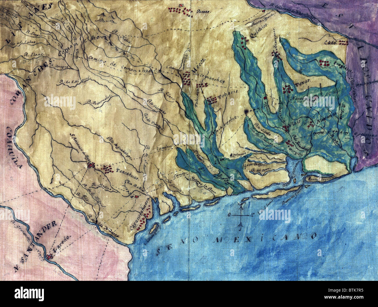 Topographische Karte der Provinz von Texas. Austin handgezeichnete Karte des spanischen Provinz Texas. 1822 Stockfoto