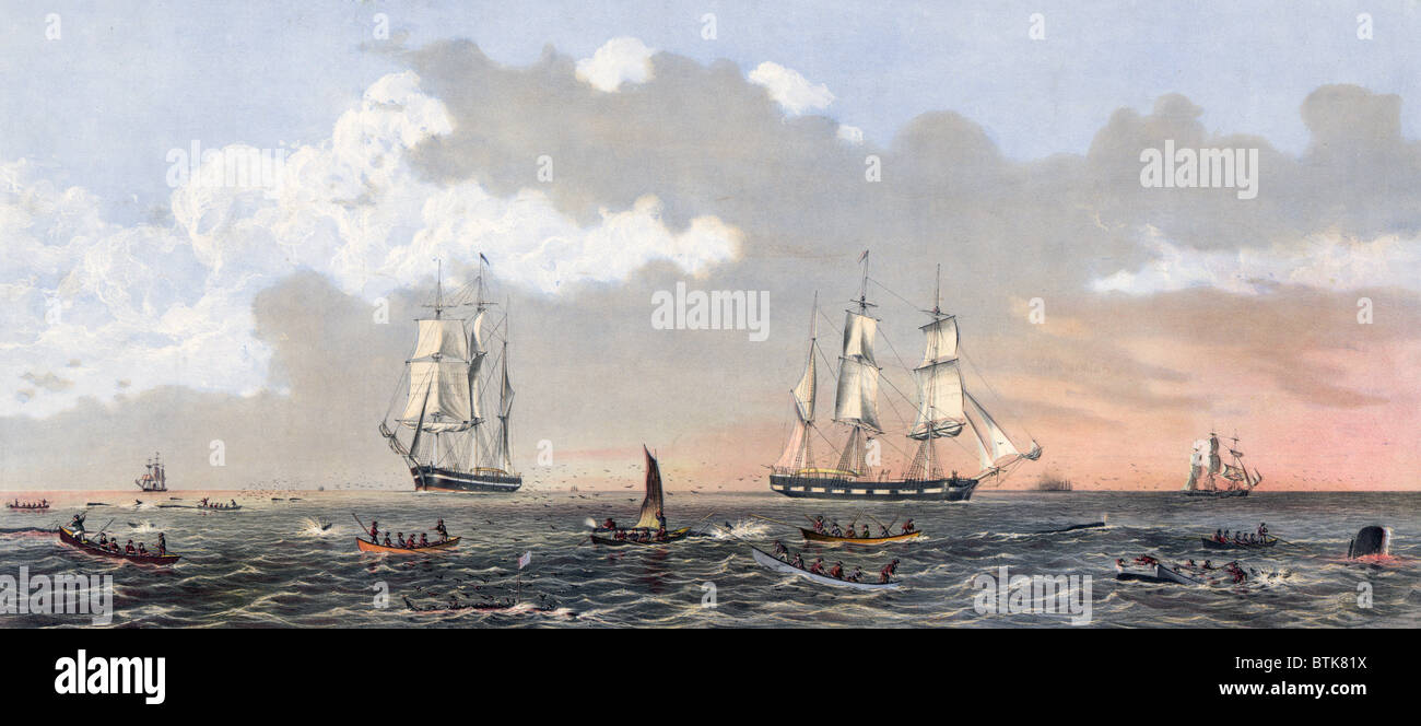 Walfang. Sperma Walfang mit seinen Varianten. Farbige Gravur. 1870 Stockfoto