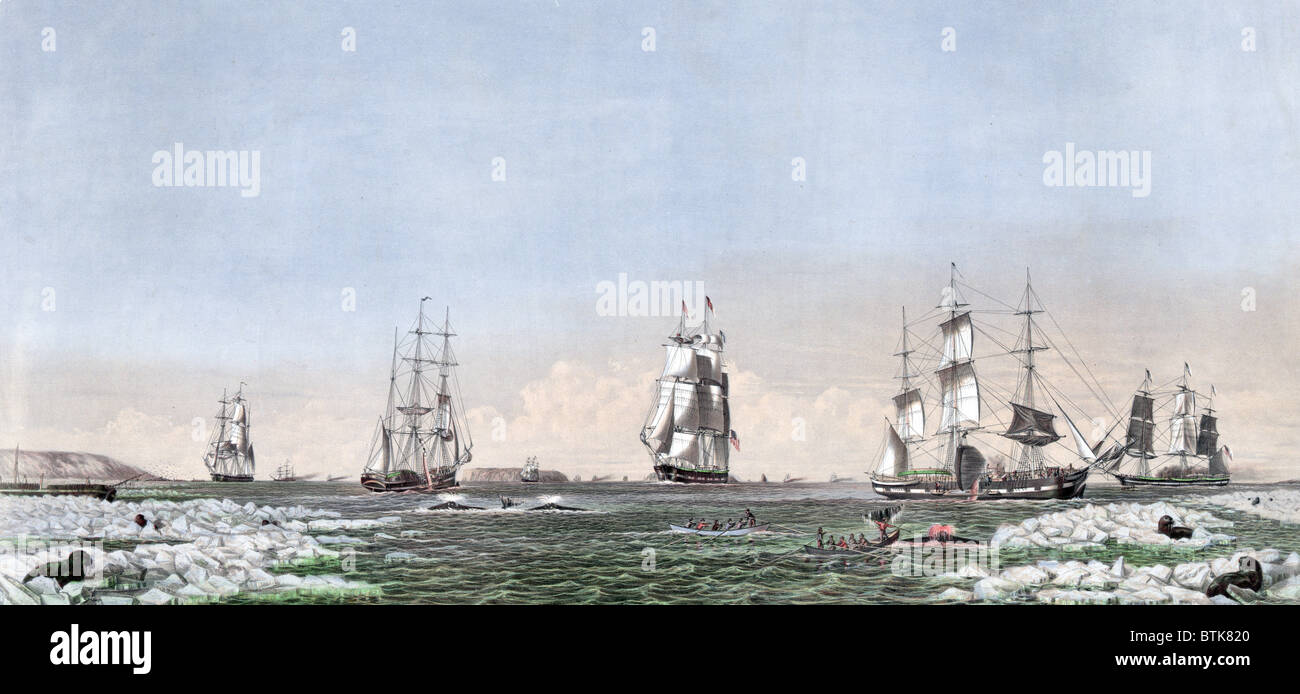Walfang. Rechts Walfang im Behring Straits & arktischen Ozean mit seinen Varianten. Farbige Gravur 1871 Stockfoto
