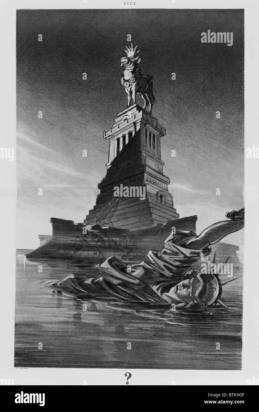 1912 Cartoon angreifen Geschäft Gier zeigt der zerstörten Statue of Liberty, schwebend in der New York Bay. Freiheit ist durch ein goldenes Kalb auf ihrem Sockel ersetzt Krone und Kragen mit $-Zeichen tragen. Stockfoto