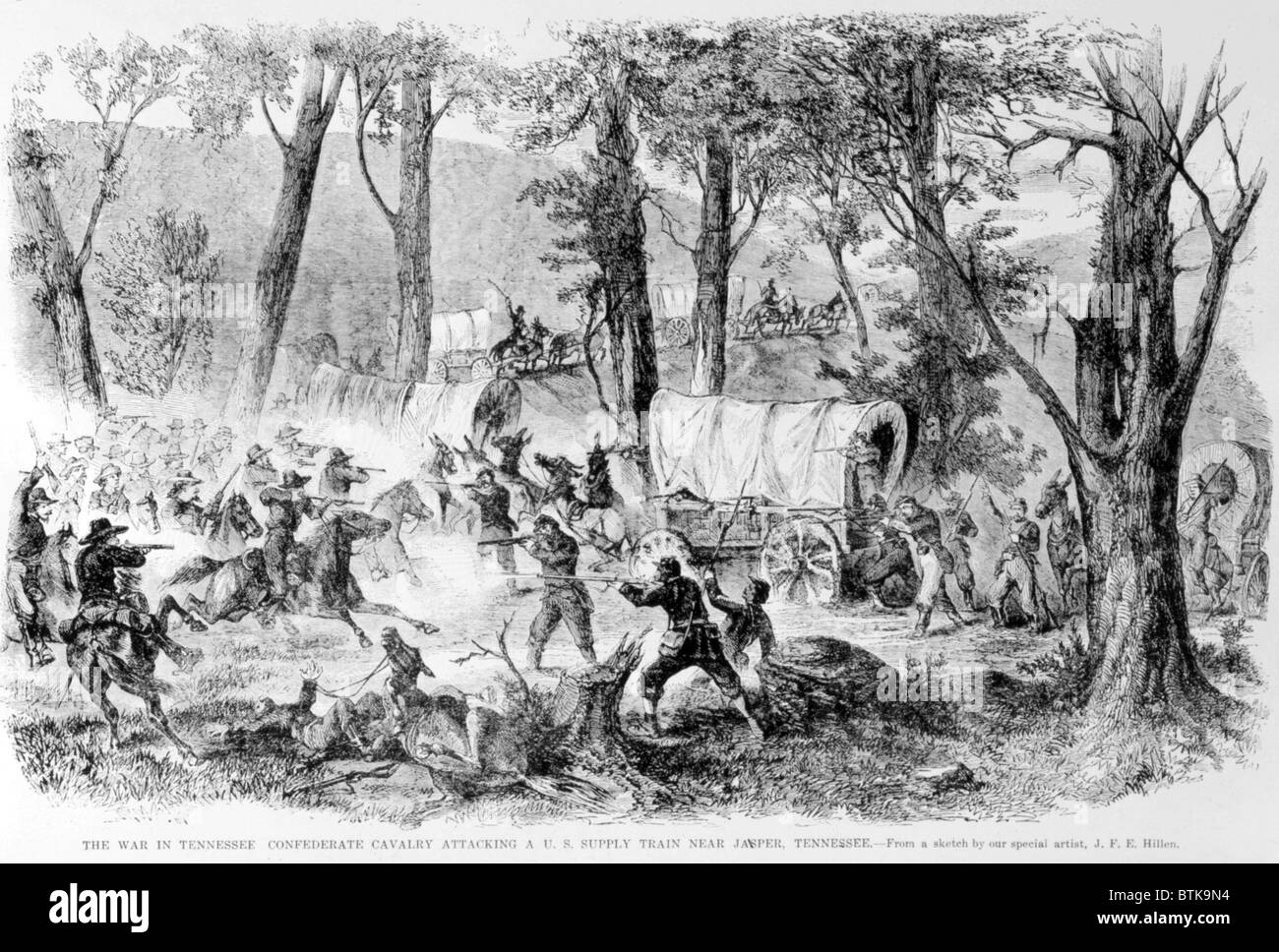 Attackng der Konföderierten Kavallerie eine Union Versorgung trainieren in der Nähe von Jasper, Tennessee, 1863 Stockfoto