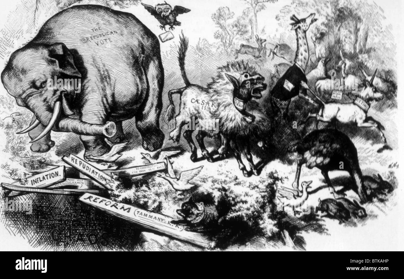 Thomas Nast politische Karikatur, die die erste Darstellung der Republikanischen Partei wie ein Elefant aus Harpers Weekly, 1874 Stockfoto