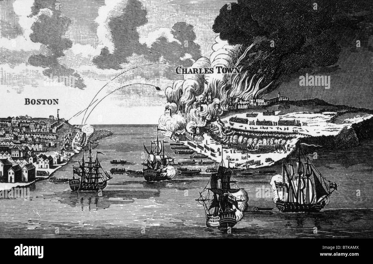 Der Angriff auf Bunker Hill und das Verbrennen von Charles Town, 1775, Gravur von Barnards "Geschichte von England," 1790 Stockfoto