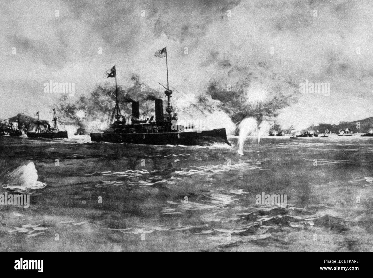 Die Schlacht von Manila Bay, Schiffe USS Olympia führenden U.S. in Angriff auf spanische Schiffe, 1. Mai 1898, von The New York Times Stockfoto