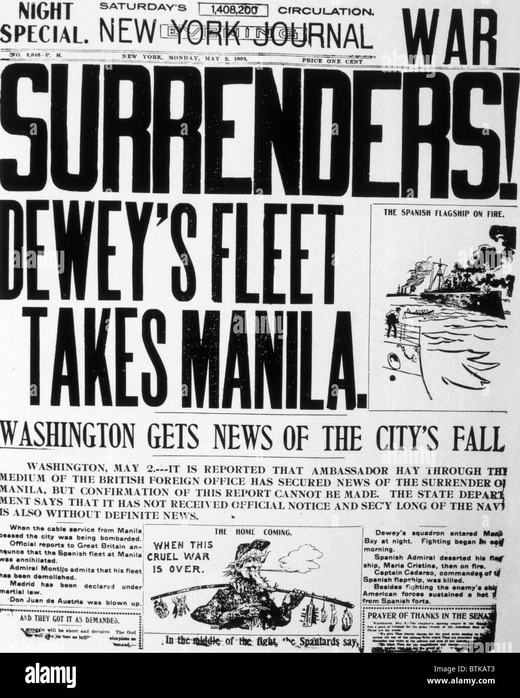 Der Spanisch-Amerikanischen Krieg (April-August 1898), Deweys Flotte nimmt Manila, 2. Mai 1898-Ausgabe des New York Journal beschreibt die Zerstörung der spanischen Flotte in Manila durch Commodore Deweys Flotte. Stockfoto