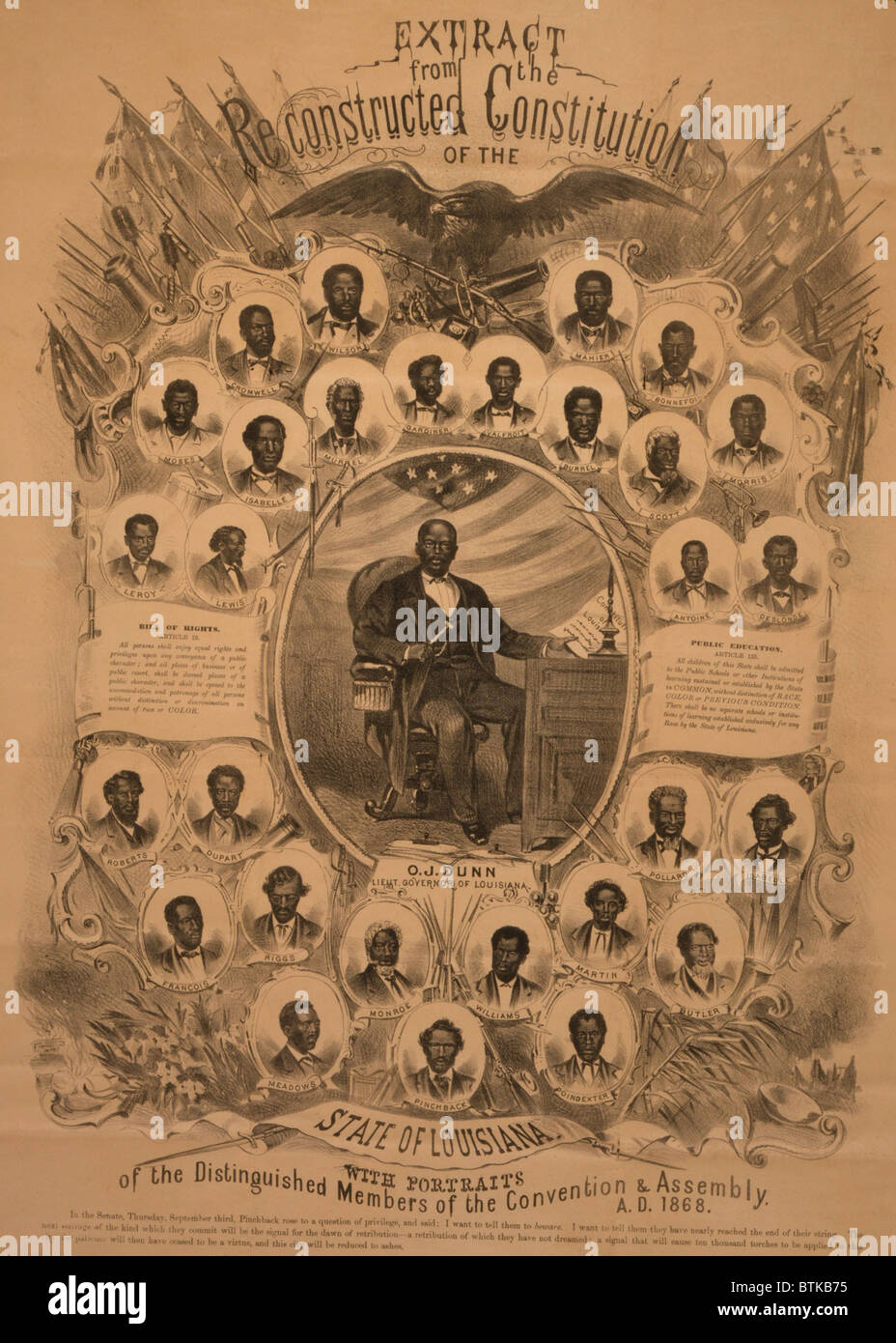 1868 Festschrift Fotocollage von politisch aktiven Afro-Amerikaner in Louisiana beim Wiederaufbau. Leutenant Gouverneur, Oscar J. Dunn, liegt im Zentrum, umgeben von Porträts von neunundzwanzig Porträts von afrikanischen amerikanischen Delegierten der verfassungsgebenden Versammlung von Louisiana. Stockfoto