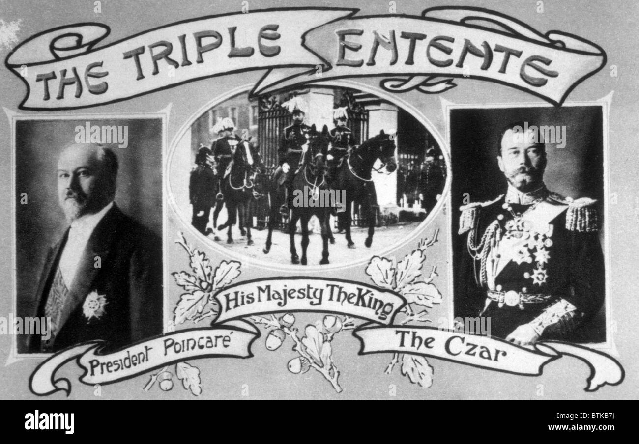 Ersten Weltkrieg, die Triple Entente, französischen Präsidenten Raymond Poincaré, britische König Georg v., Zar Nikolaus II., 1914 Stockfoto