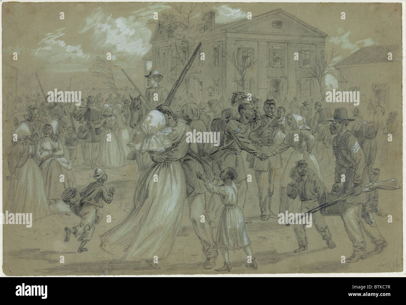 Frauen und Kinder Grüßen ihre lieben wie afrikanisch-amerikanischen Soldaten aus dem Militär in Little Rock, Arkansas aufbringen. Mehr als 175.000 afro-amerikanische Männer dienten in der Unionstruppen. Alfred Waud Zeichnung, April / Mai 1866. Stockfoto