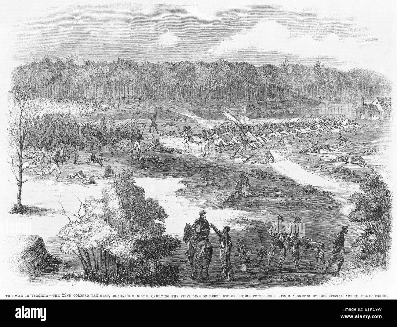 Das 22. farbigen Regiment, Duncans Brigade, die erste Zeile der Rebellen kämpfen arbeitet vor Petersburg im Juli 1864. Viele afroamerikanische Soldaten kämpften in der Richmond-Petersburg-Kampagne von Juni 1864 bis März 1865. Stockfoto