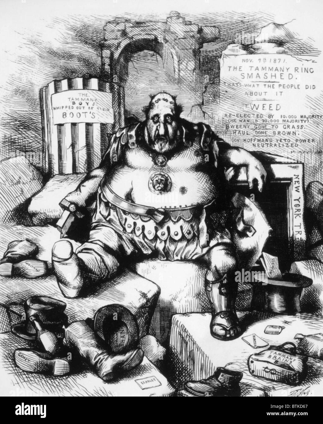 William Tweed dargestellt unter den Ruinen der Tammany Hall nach der Wahl von 1871 in eine politische Karikatur von Thomas Nast-Chef Stockfoto