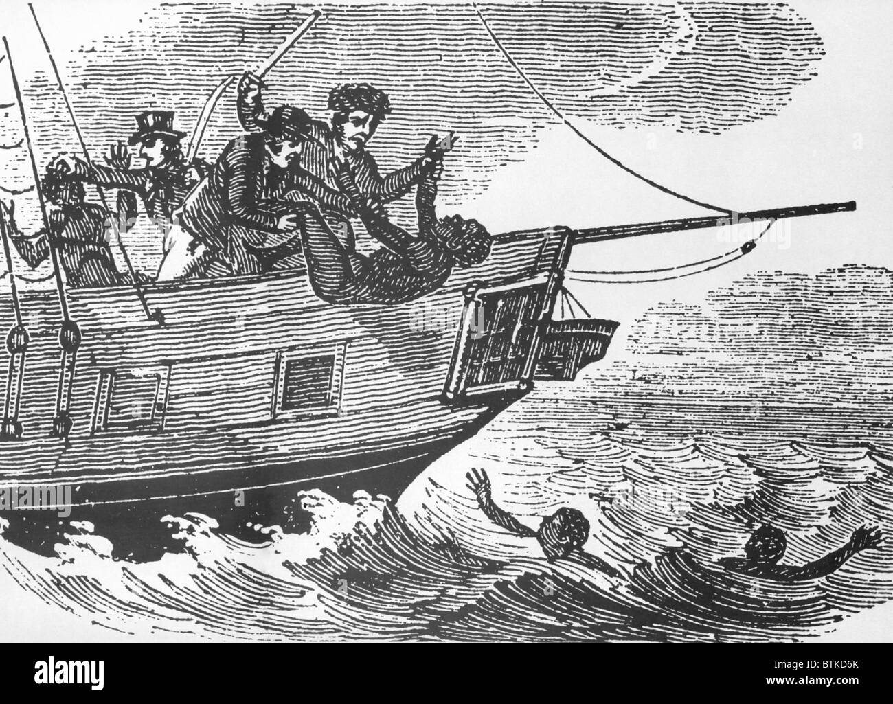 Europäische Seeleute afrikanischen Gefangenen Sklaven über Bord zu werfen während Middle Passage nach Amerika. Tod übernahm 10 % der Gefangenen während der Fahrten und die Toten und in der Nähe von Toten wurden zu den Haien, die oft die Slave-Schiffe folgten geworfen. Ca. 1750. Stockfoto