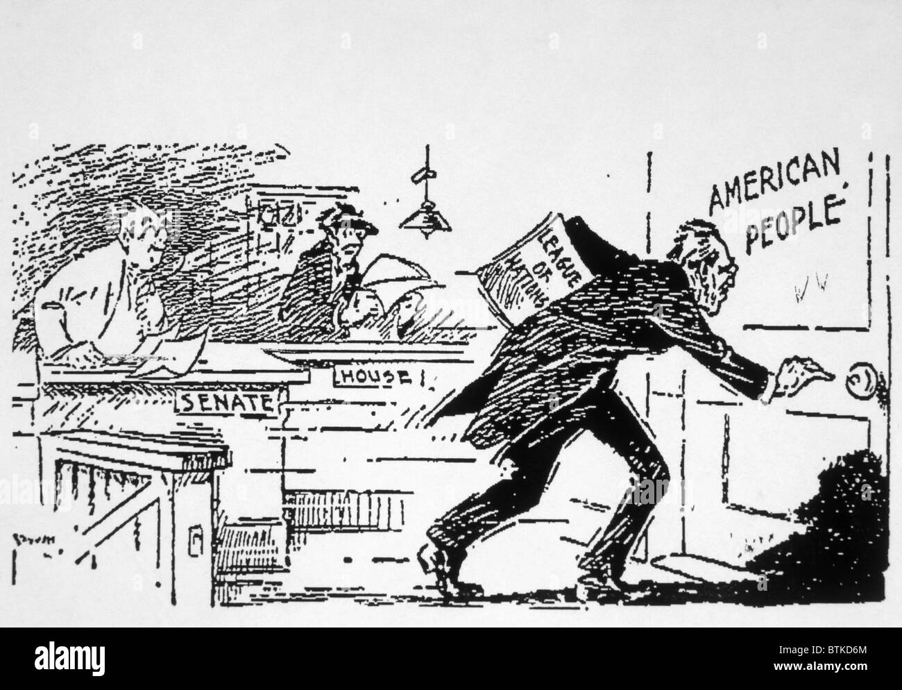 Präsident Woodrow Wilson vom Kongress, politische Karikatur 1919 gezeigt unter seinen Fall für die Ratifizierung des Versailler Vertrages an die Öffentlichkeit, nachdem es Ablehnung ist Stockfoto