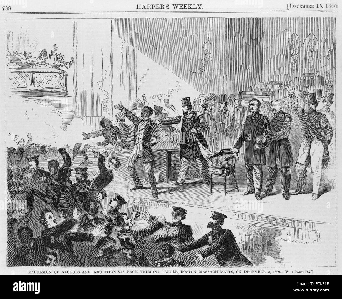 Ein wütender Mob zerbrach ein Treffen von Boston Abolitionisten während eines Gottesdienstes beobachten das einjährige Jubiläum von John Brown Stockfoto