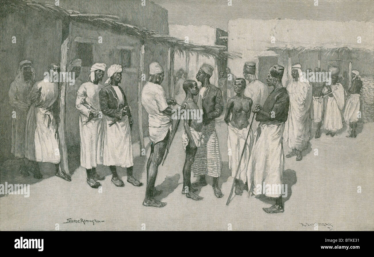 Afrikanischen Sklavenhandel weiter während des 19. Jahrhunderts bei den meisten Aktivitäten zentriert im Nordosten, auf der Küste des Indischen Ozeans. Im Jahr 1893 dargestellt amerikanischer Künstler Frederic Remington einen afrikanischen Sklavenmarkt mit Afrikaner und Araber. Stockfoto