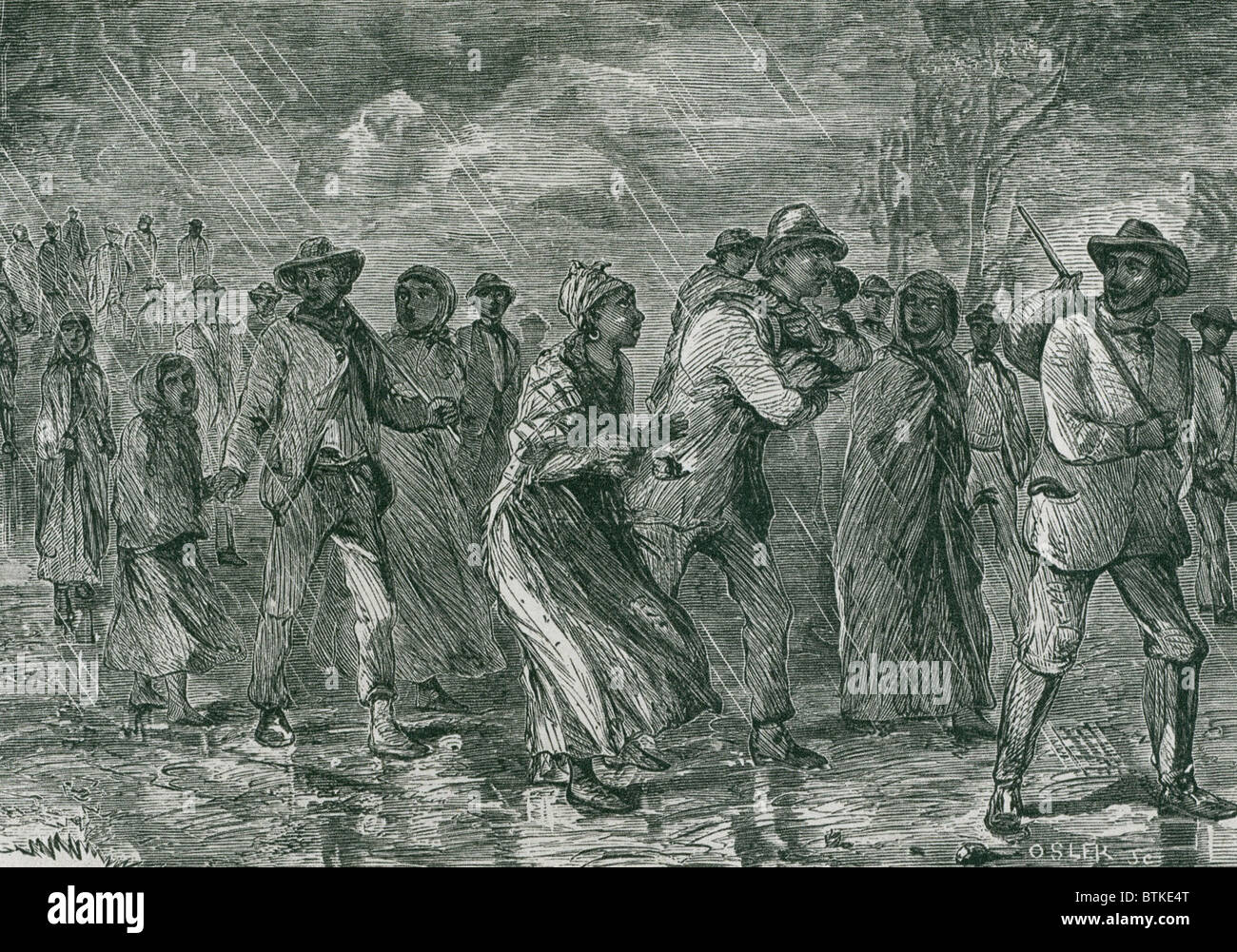 Entlaufenen Sklaven auf der Flucht vor den östlichen Maryland in einem Underground Railroad Depot in Delaware.  Ca. 1863. Stockfoto